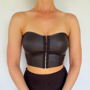 Forever 21 black faux leather strapless corset stretch crop top medium